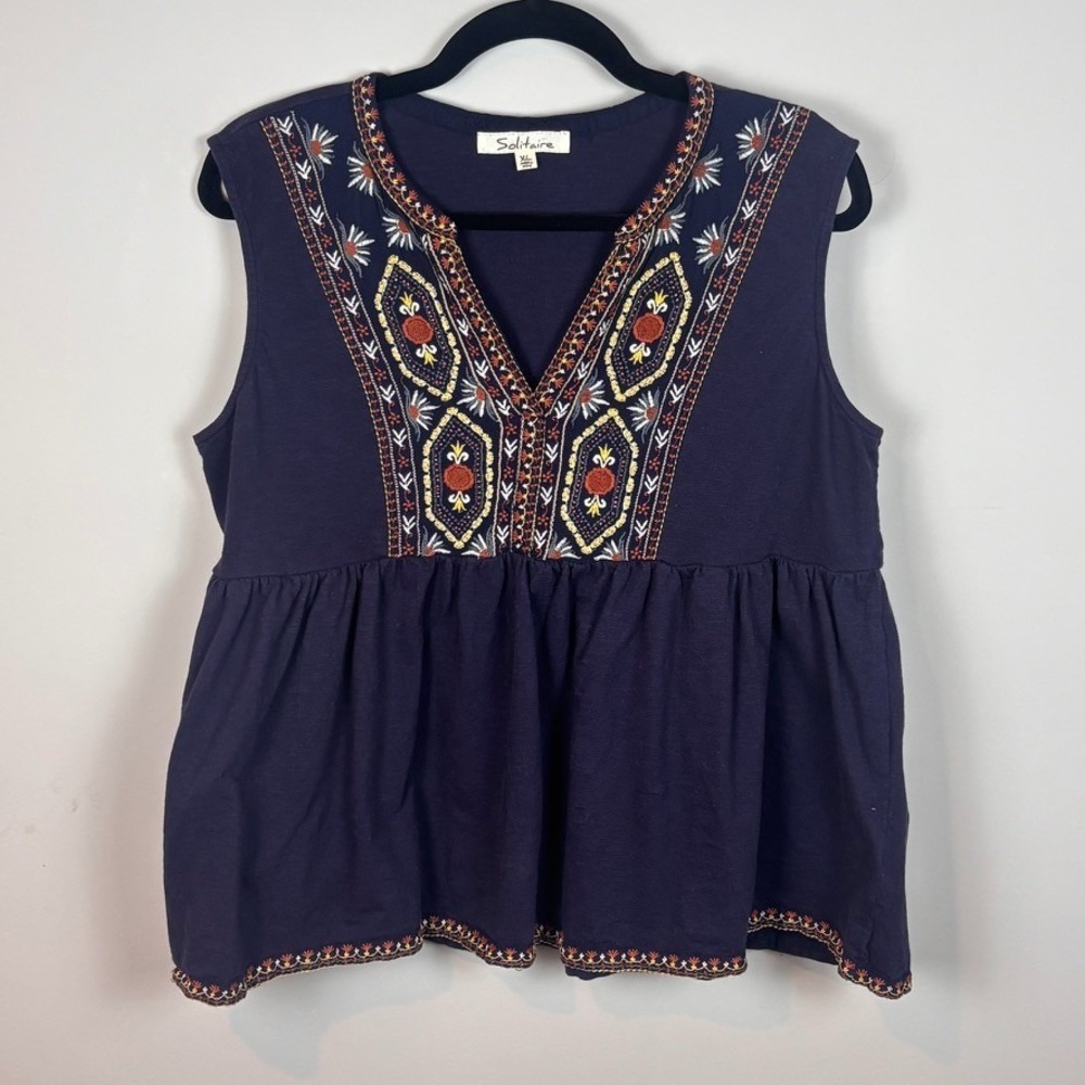 Solitare Women Navy Floral Embroidered Boho Peasant Peplum Tank Blouse XL Cotton